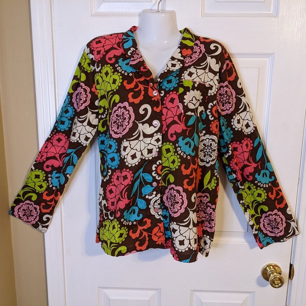 Vera Bradley Brown Mixed Print Long Sleeved Button Down Pocket Top - M